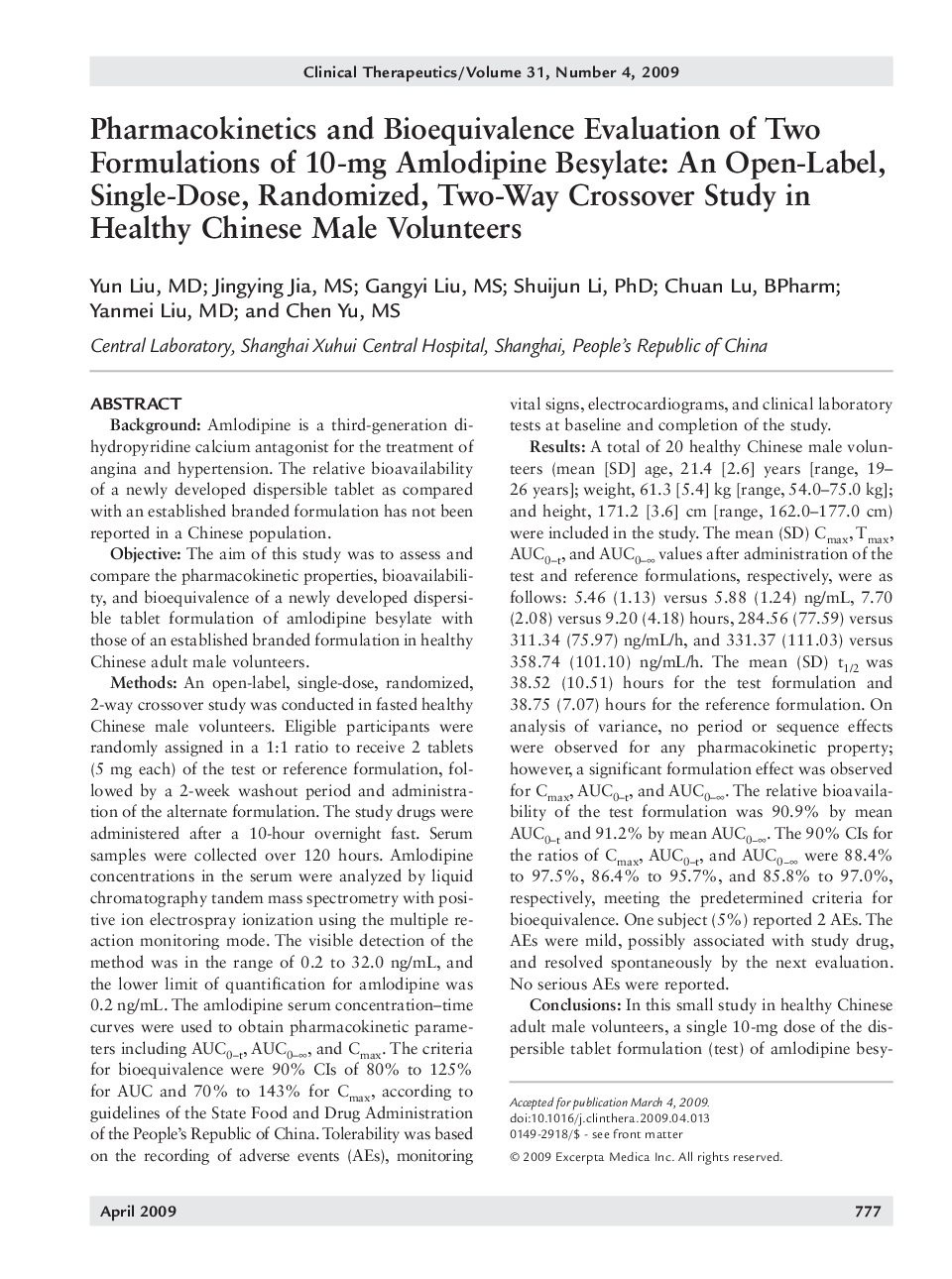 Pharmacokinetics and bioequivalence evaluation of two formulations of 10-mg amlodipine besylate: An open-label, single-dose, randomized, two-way crossover study in healthy chinese male volunteers