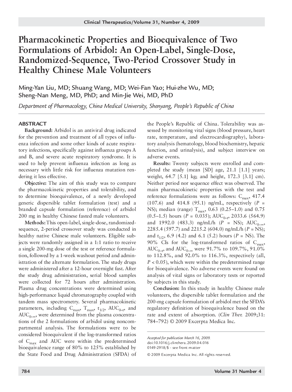 Pharmacokinetic properties and bioequivalence of two formulations of arbidol: An open-label, single-dose, randomized-sequence, two-period crossover study in healthy chinese male volunteers