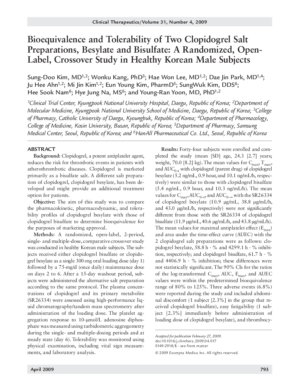 Bioequivalence and tolerability of two clopidogrel salt preparations, besylate and bisulfate: A randomized, open-label, crossover study in healthy Korean male subjects