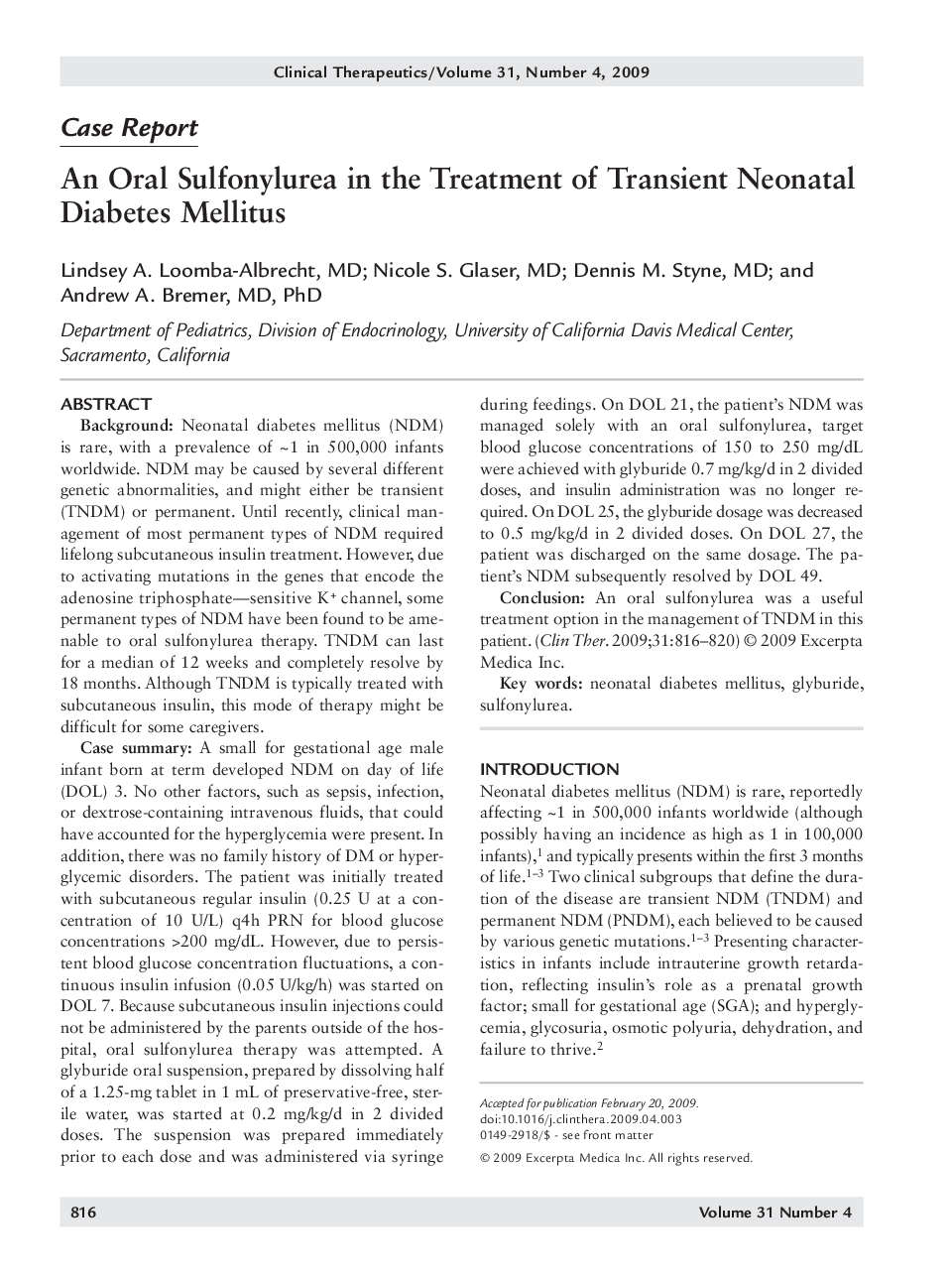 An oral sulfonylurea in the treatment of transient neonatal diabetes mellitus