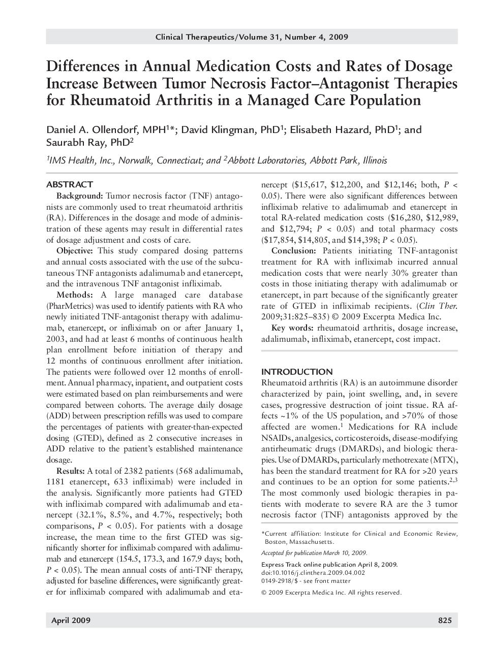 Differences in annual medication costs and rates of dosage increase between tumor necrosis factor-antagonist therapies for rheumatoid arthritis in a managed care population