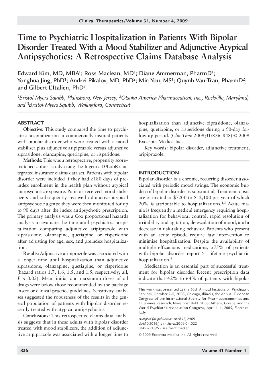 Time to psychiatric hospitalization in patients with bipolar disorder treated with a mood stabilizer and adjunctive atypical antipsychotics: A retrospective claims database analysis