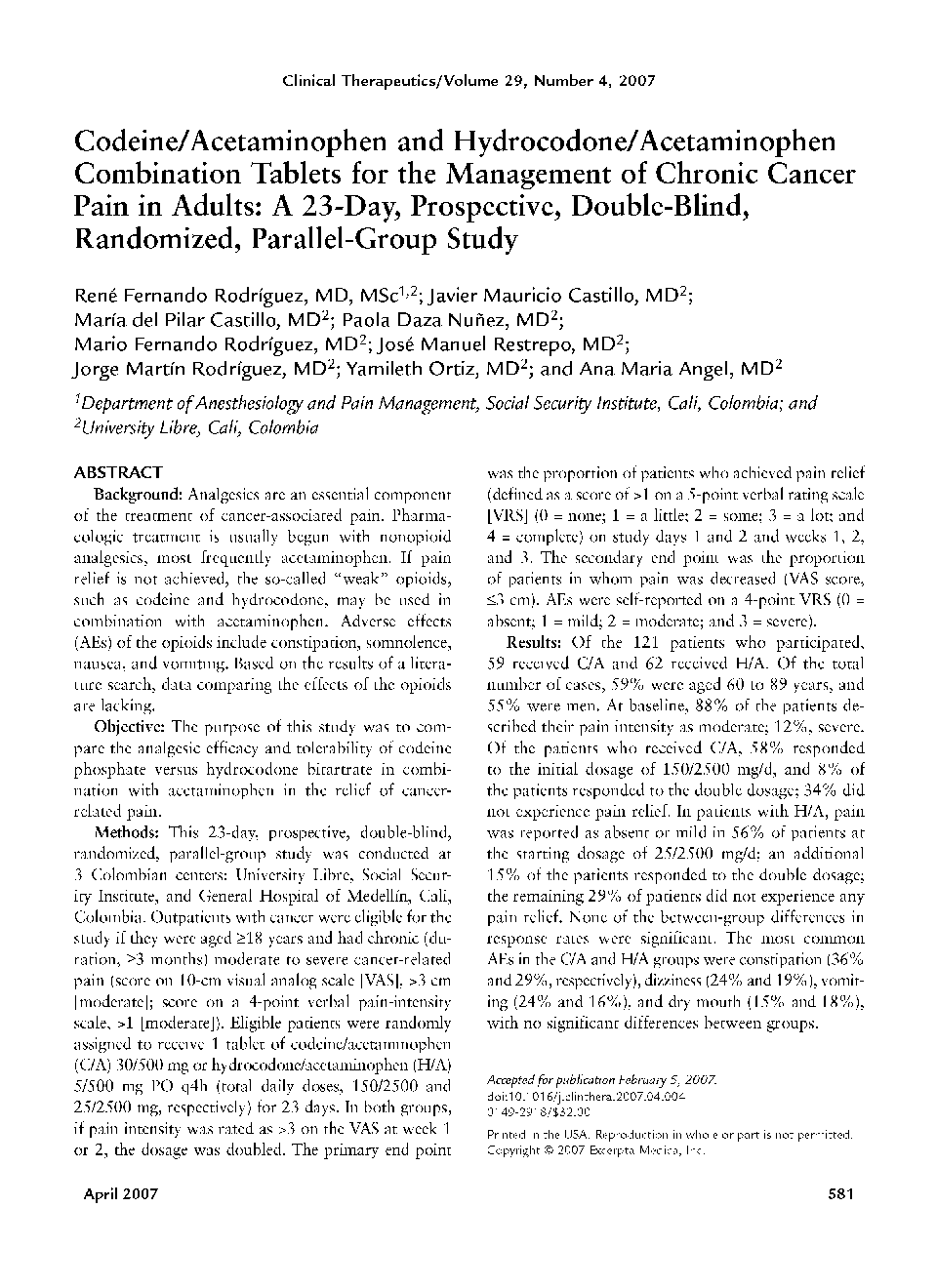 Codeine/acetaminophen and hydrocodone/acetaminophen combination tablets for the management of chronic cancer pain in adults: A 23-day, prospective, double-blind, randomized, parallel-group study