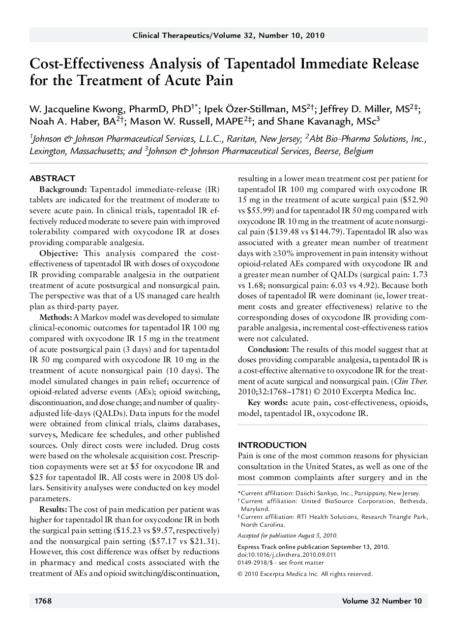 Cost-effectiveness analysis of tapentadol immediate release for the treatment of acute pain