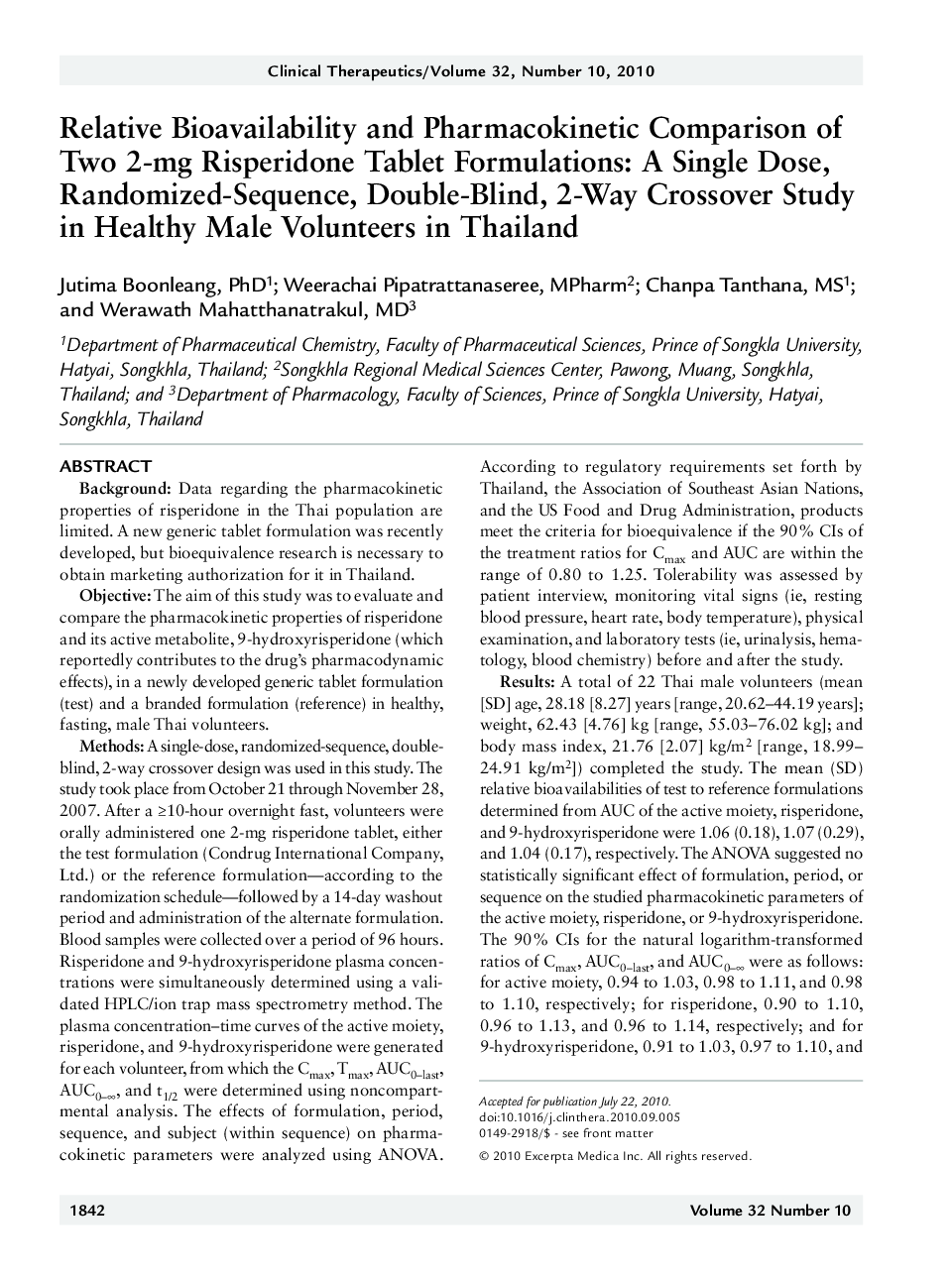Relative bioavailability and pharmacokinetic comparison of two 2-mg risperidone tablet formulations: A single dose, randomized-sequence, double-blind, 2-way crossover study in healthy male volunteers in thailand
