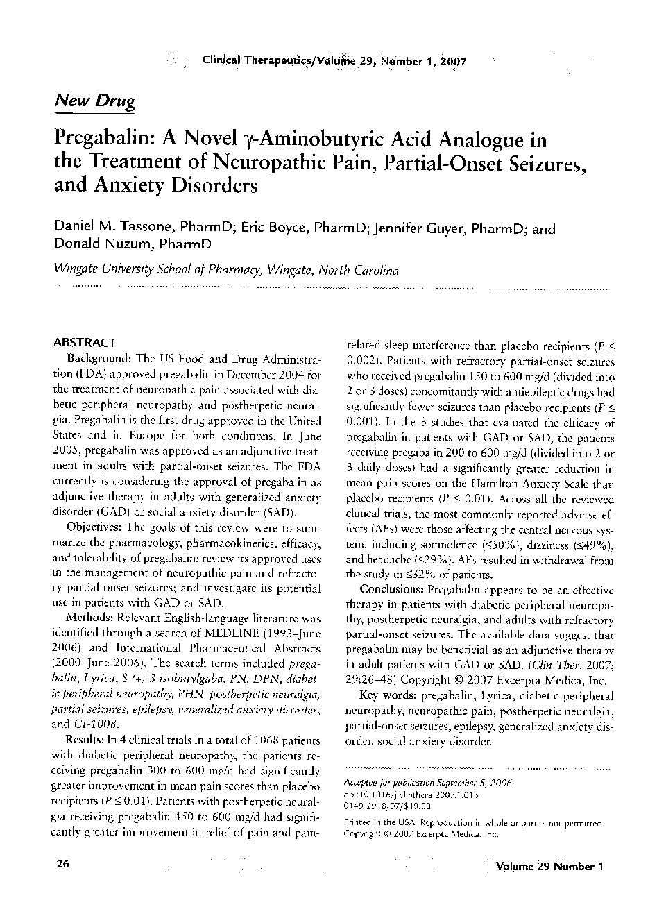 Pregabalin: A novel γ-aminobutyric acid analogue in the treatment of neuropathic pain, partial-onset seizures, and anxiety disorders