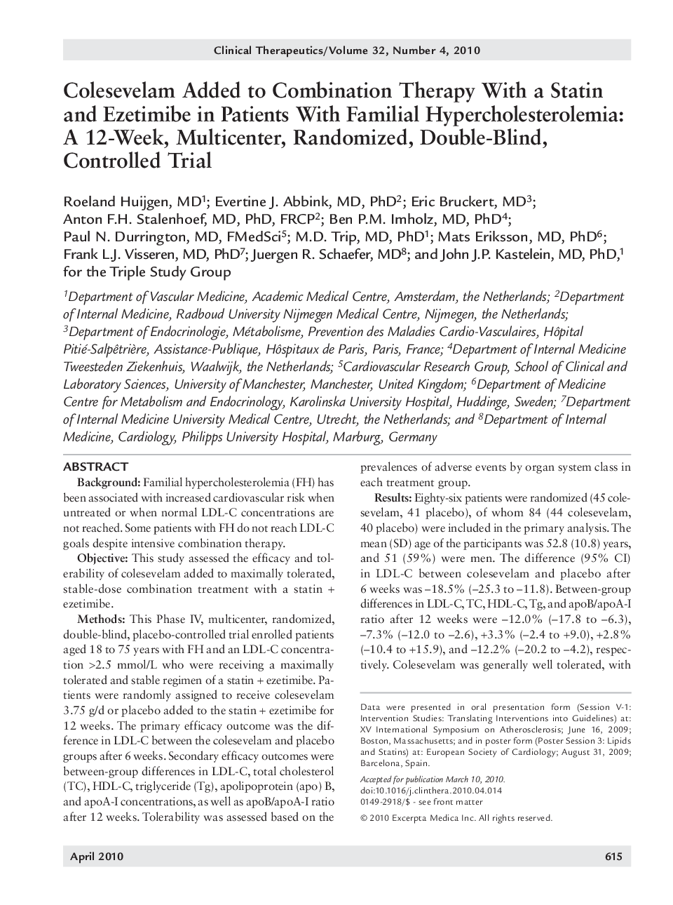 Colesevelam added to combination therapy with a statin and ezetimibe in patients with familial hypercholesterolemia: A 12-week, multicenter, randomized, double-blind, controlled trial 