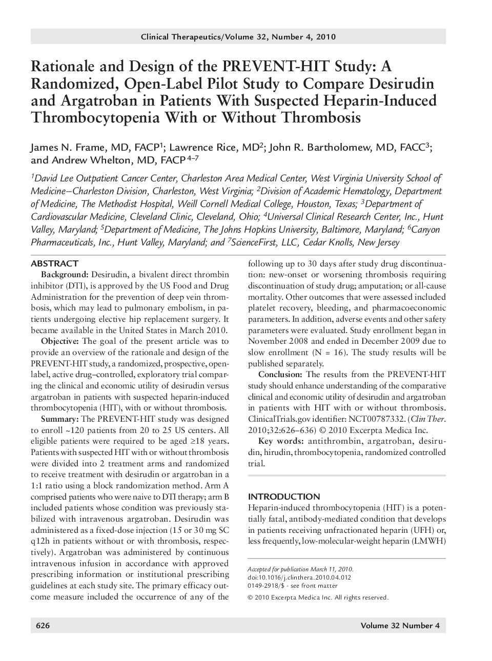 Rationale and design of the PREVENT-HIT study: A randomized, open-label pilot study to compare desirudin and argatroban in patients with suspected heparin-induced thrombocytopenia with or without thrombosis