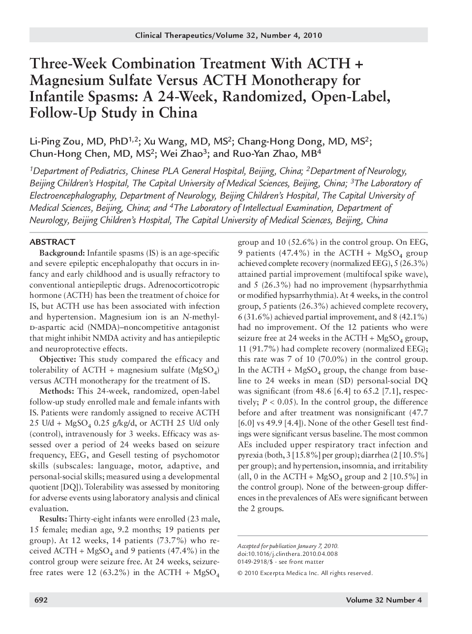 Three-week combination treatment with ACTH + magnesium sulfate versus ACTH monotherapy for infantile spasms: A 24-week, randomized, open-label, follow-up study in China