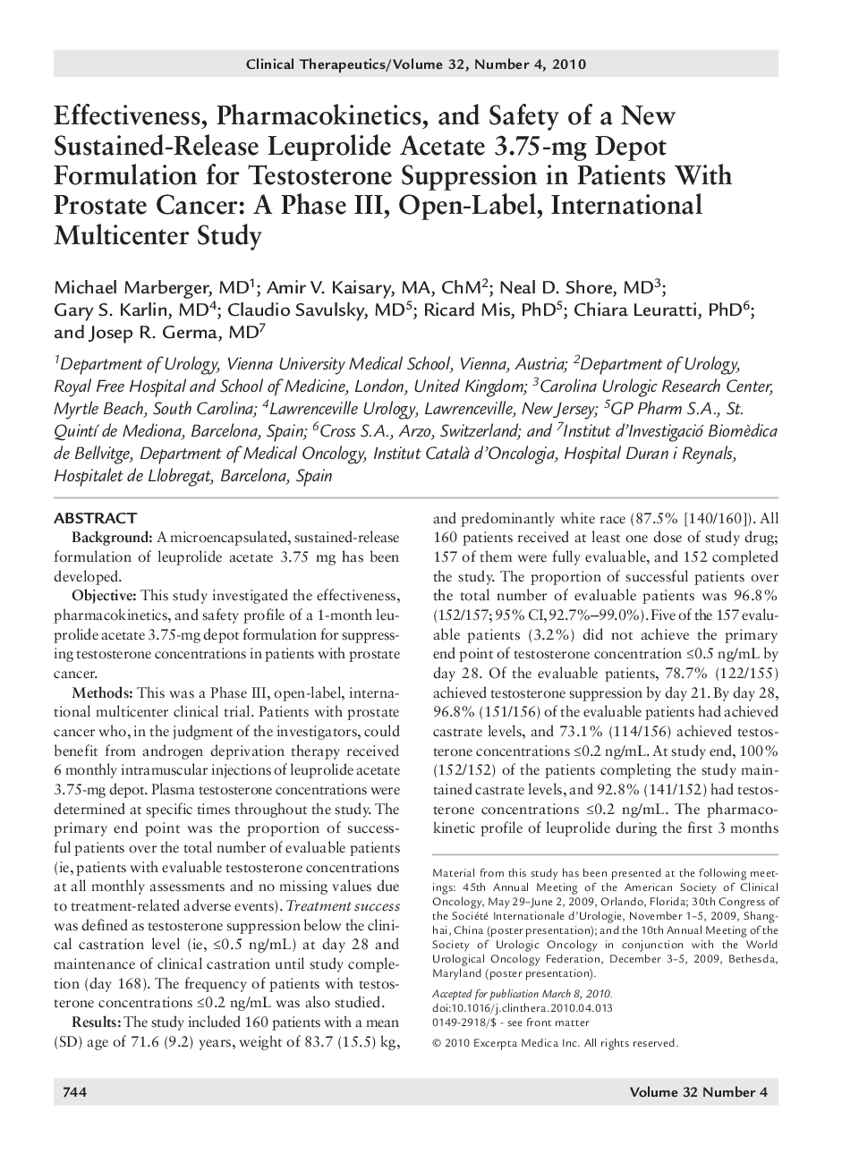 Effectiveness, pharmacokinetics, and safety of a new sustained-release leuprolide acetate 3.75-mg depot formulation for testosterone suppression in patients with prostate cancer: A phase III, open-label, international multicenter study 