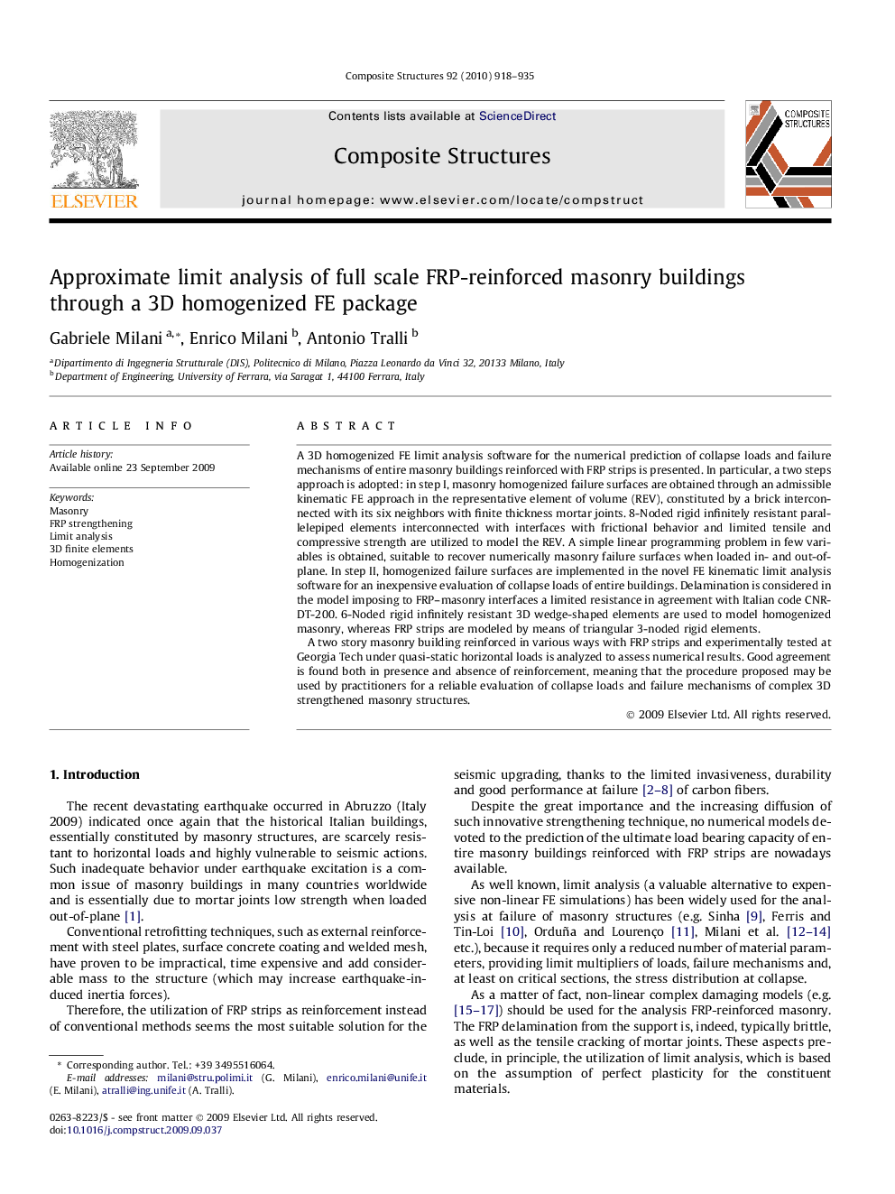 Approximate limit analysis of full scale FRP-reinforced masonry buildings through a 3D homogenized FE package