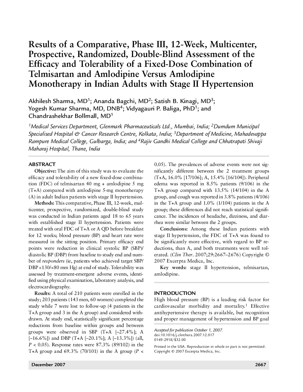 Results of a comparative, phase III, 12-week, multicenter, prospective, randomized, double-blind assessment of the efficacy and tolerability of a fixed-dose combination of telmisartan and amlodipine versus amlodipine monotherapy in Indian adults with stag