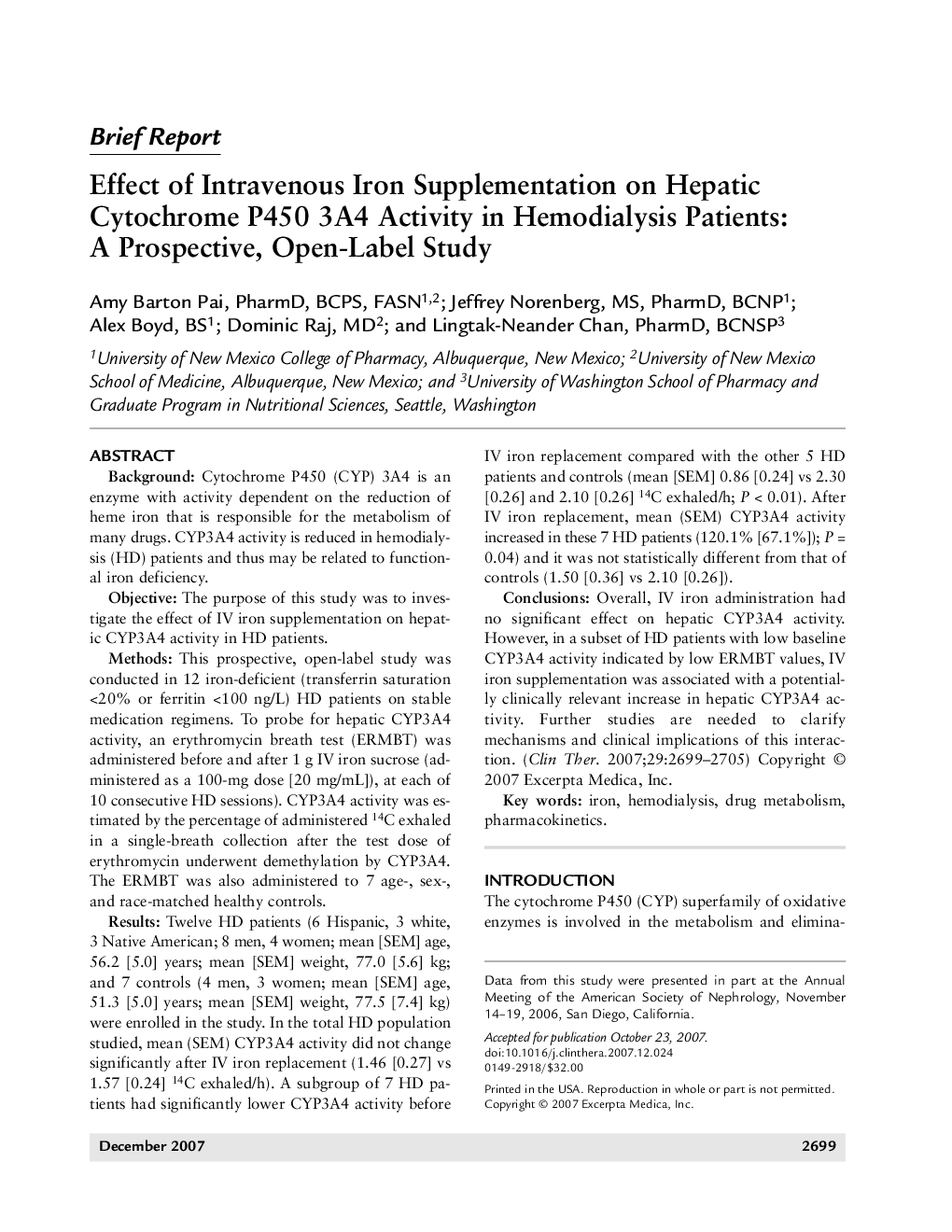 Effect of intravenous iron supplementation on hepatic cytochrome P450 3A4 activity in hemodialysis patients: A prospective, open-label study