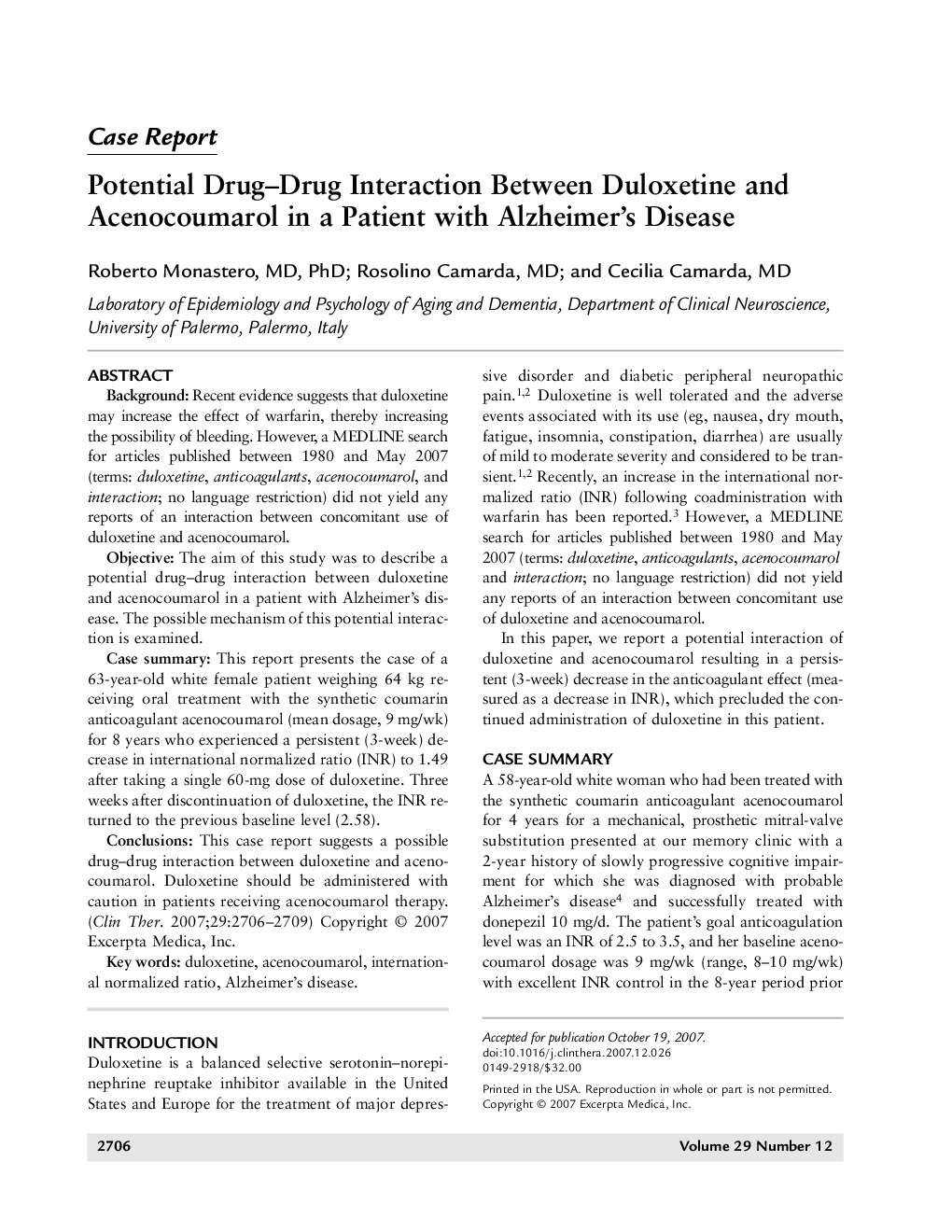 Potential drug-drug interaction between duloxetine and acenocoumarol in a patient with Alzheimer's disease