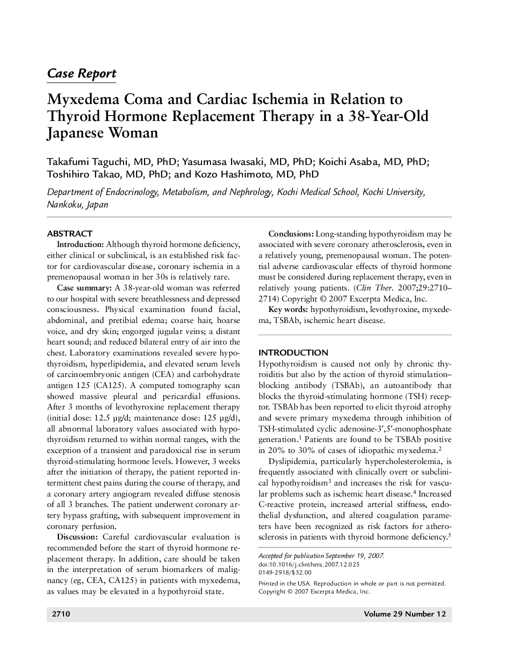 Myxedema coma and cardiac ischemia in relation to thyroid hormone replacement therapy in a 38-year-old Japanese woman