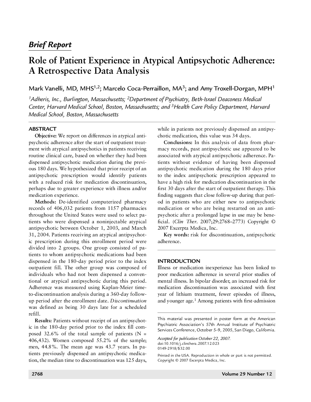 Role of patient experience in atypical antipsychotic adherence: A retrospective data analysis