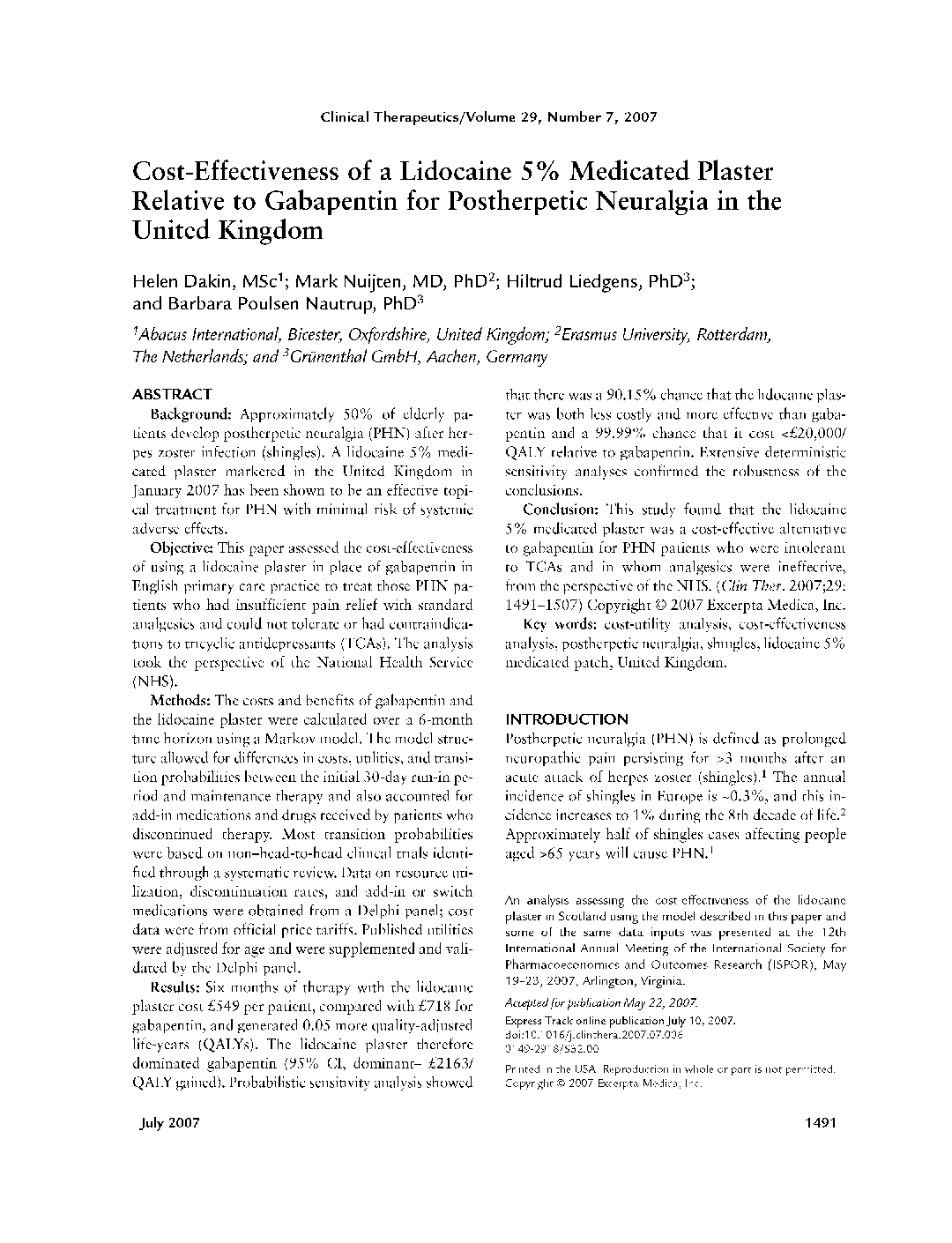 Cost-Effectiveness of a Lidocaine 5% Medicated Plaster Relative to Gabapentin for Postherpetic Neuralgia in the United Kingdom