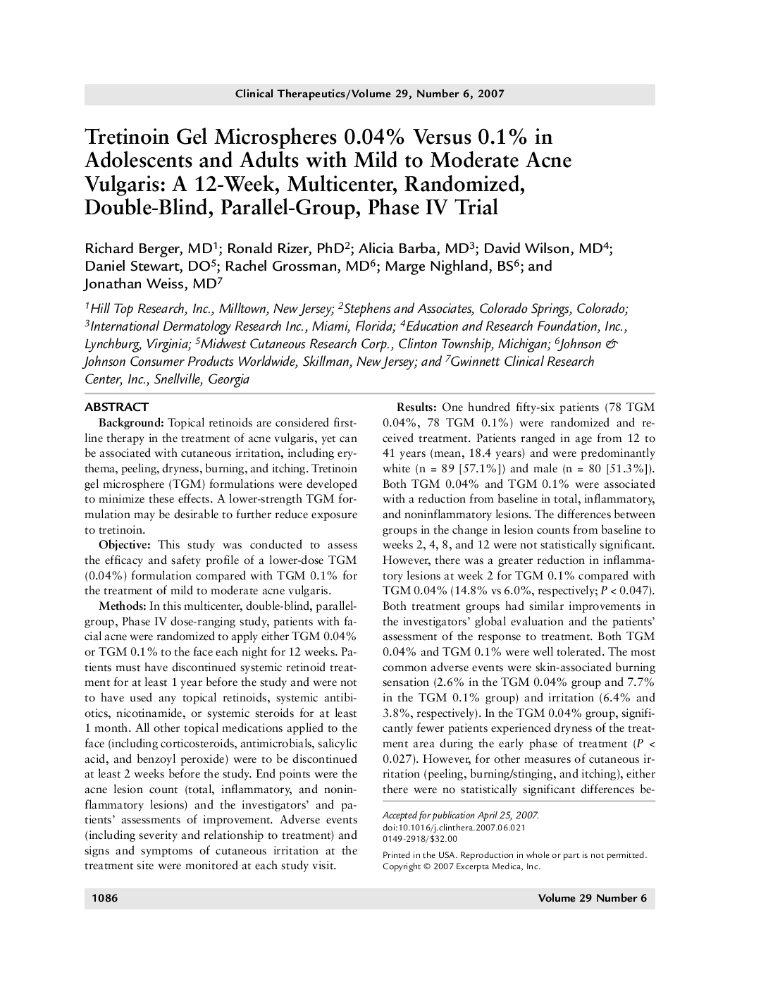 Tretinoin gel microspheres 0.04% versus 0.1% in adolescents and adults with mild to moderate acne vulgaris: A 12-week, multicenter, randomized, double-blind, parallel-group, phase IV trial