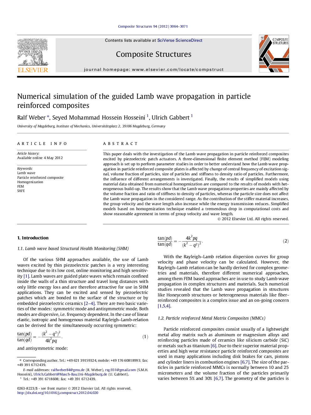 عکس صفحه اول مقاله: Numerical simulation of the guided Lamb wave propagation in particle reinforced composites Numerical simulation of the guided Lamb wave propagation in particle reinforced composites