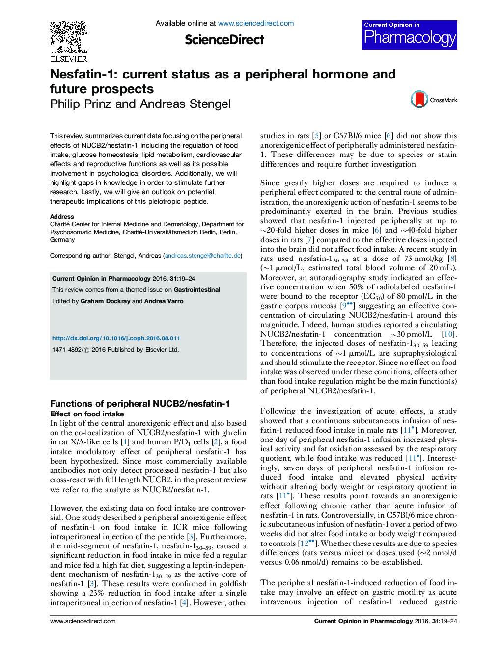 Nesfatin-1: current status as a peripheral hormone and future prospects