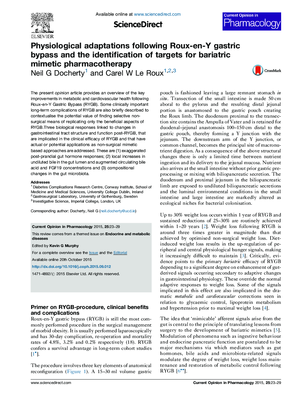 Physiological adaptations following Roux-en-Y gastric bypass and the identification of targets for bariatric mimetic pharmacotherapy