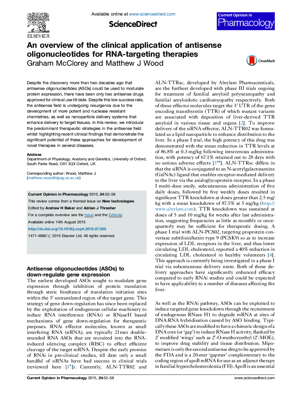 An overview of the clinical application of antisense oligonucleotides for RNA-targeting therapies