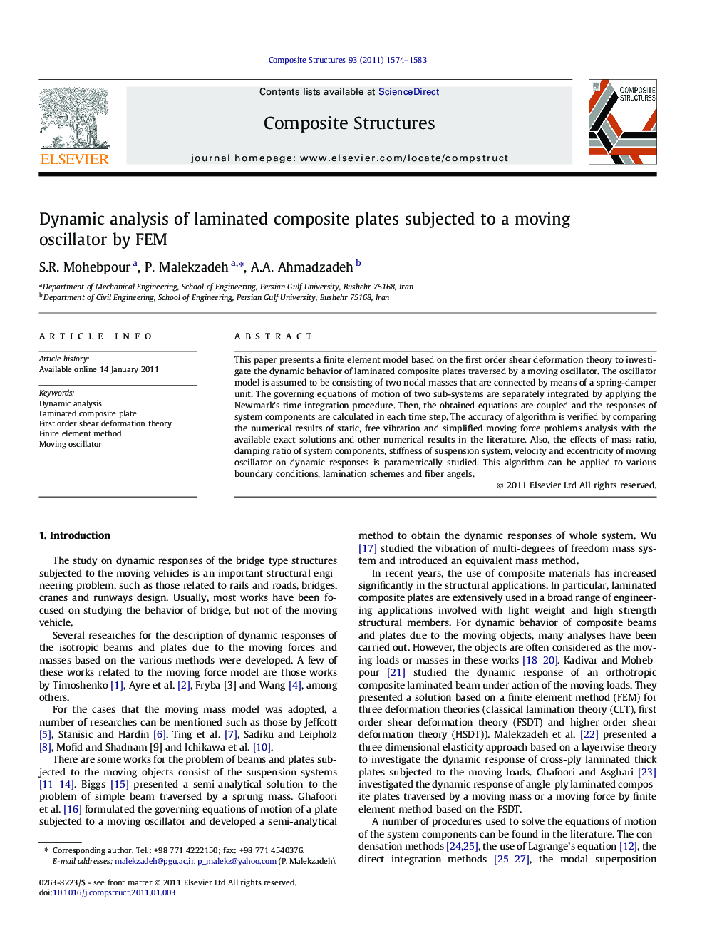 عکس صفحه اول مقاله: Dynamic analysis of laminated composite plates subjected to a moving oscillator by FEM Dynamic analysis of laminated composite plates subjected to a moving oscillator by FEM