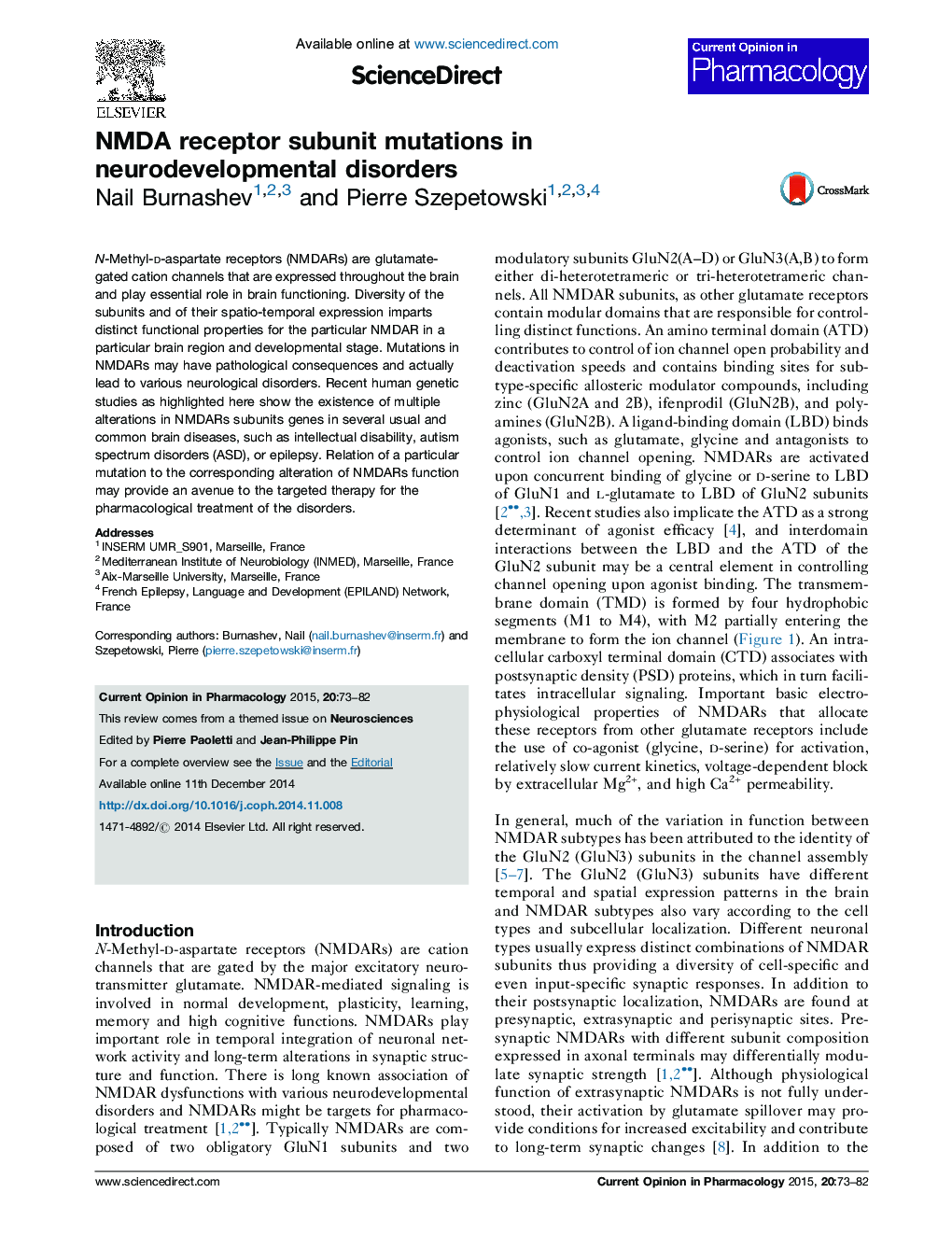 عکس صفحه اول مقاله: NMDA receptor subunit mutations in neurodevelopmental disorders NMDA receptor subunit mutations in neurodevelopmental disorders