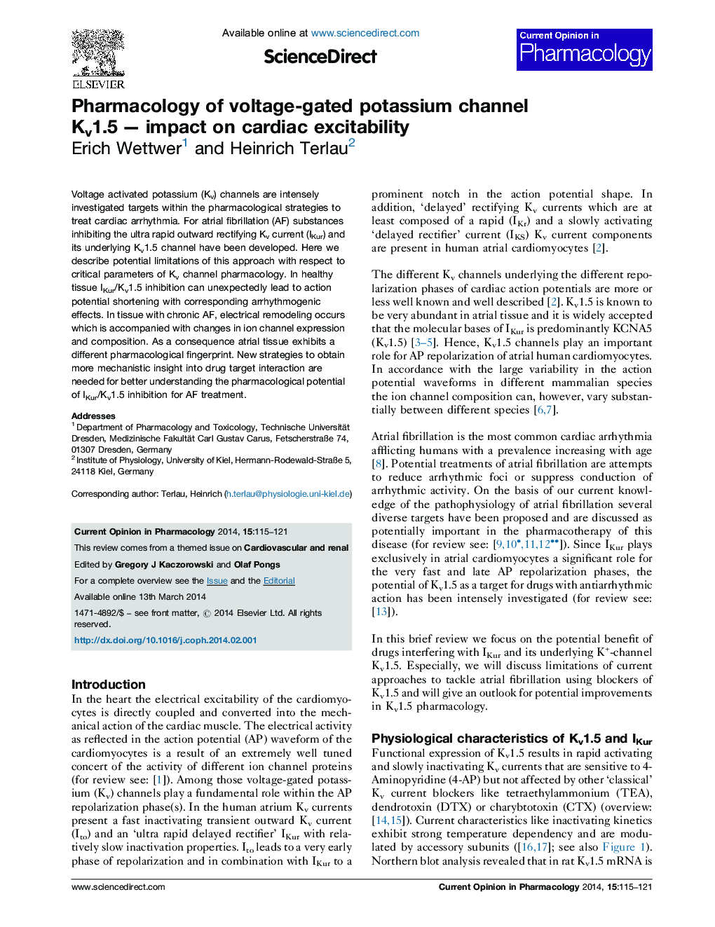 Pharmacology of voltage-gated potassium channel Kv1.5 — impact on cardiac excitability