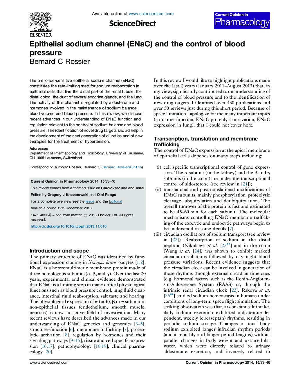 Epithelial sodium channel (ENaC) and the control of blood pressure