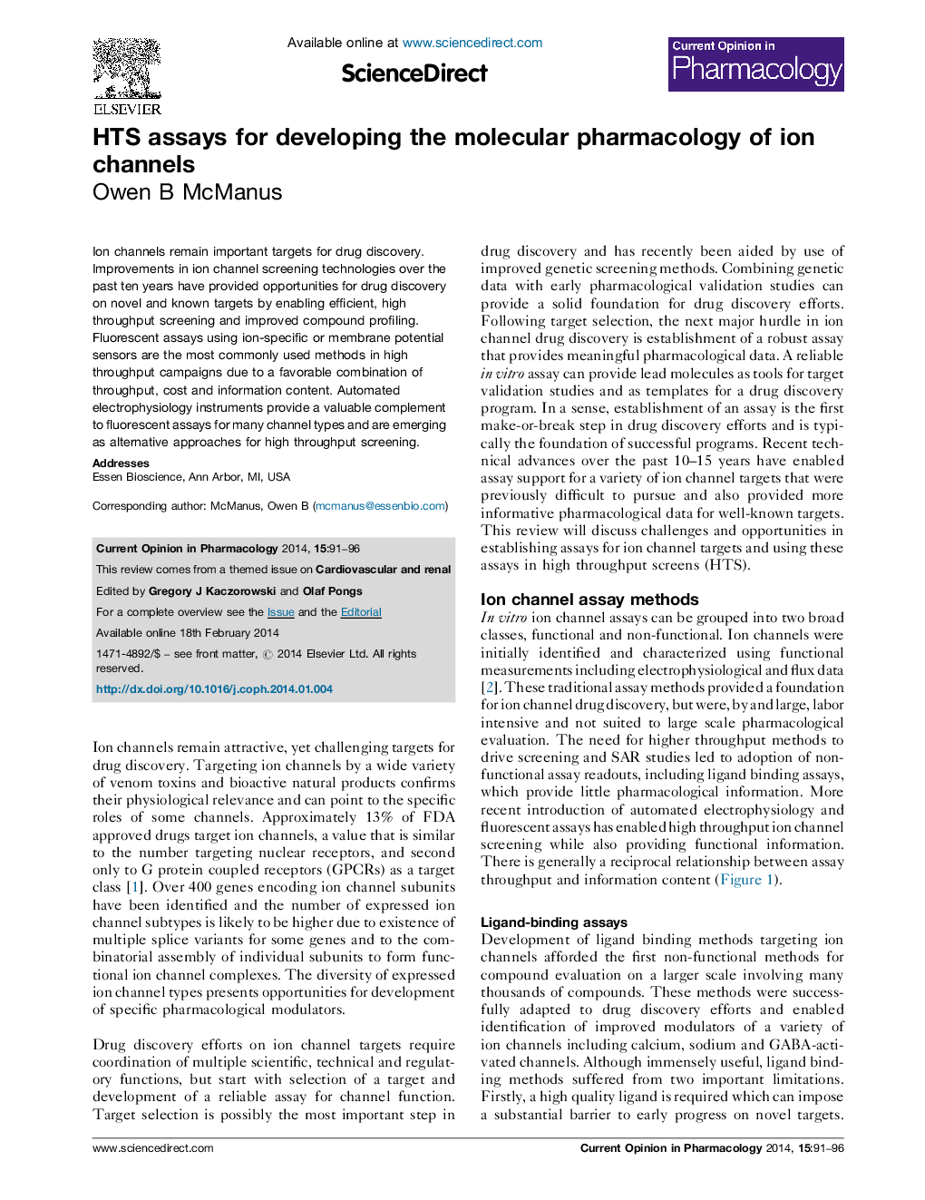 HTS assays for developing the molecular pharmacology of ion channels