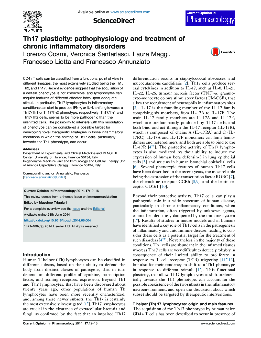 Th17 plasticity: pathophysiology and treatment of chronic inflammatory disorders