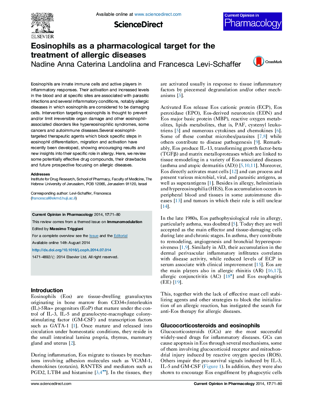 Eosinophils as a pharmacological target for the treatment of allergic diseases