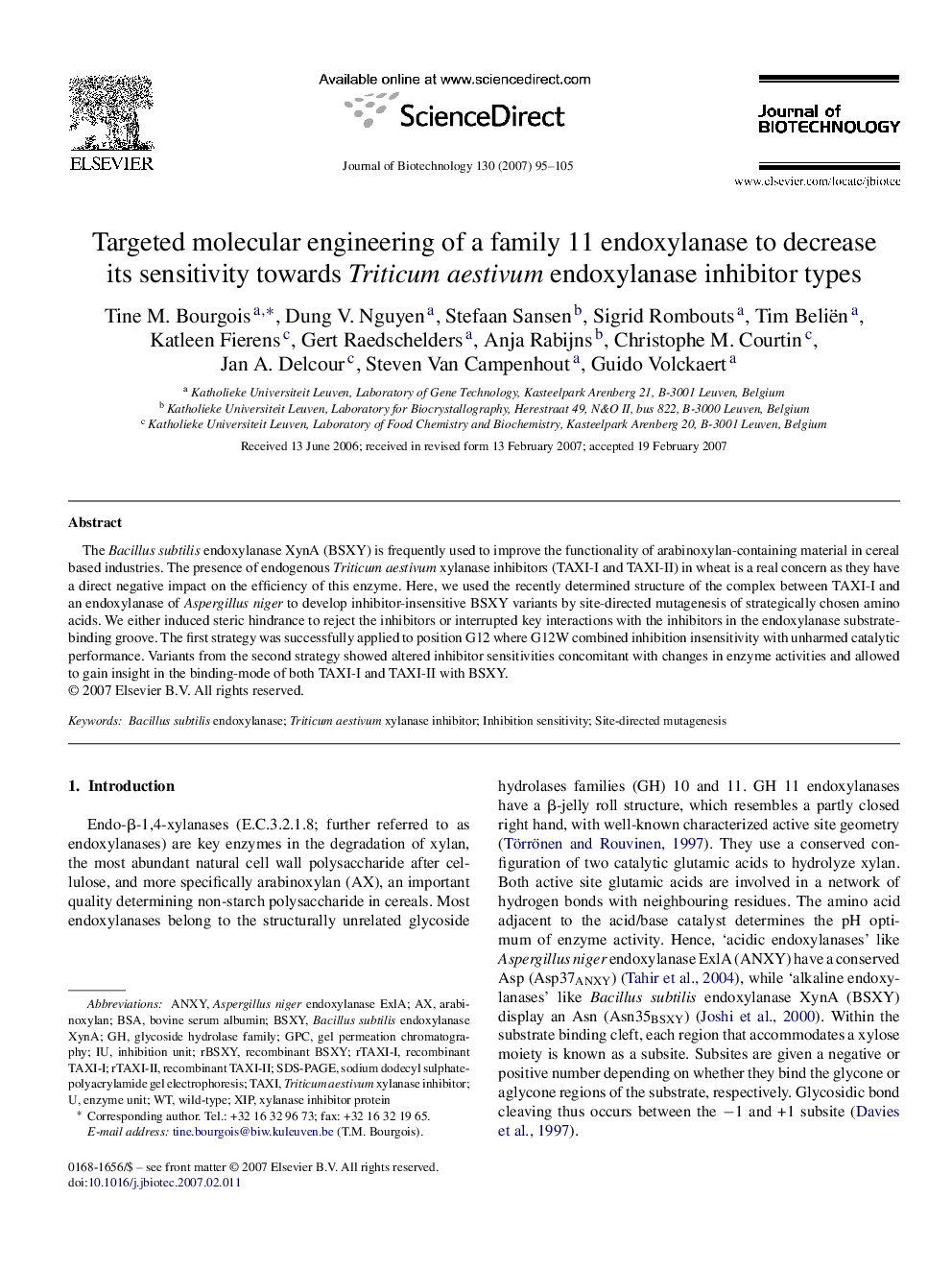 عکس صفحه اول مقاله: Targeted molecular engineering of a family 11 endoxylanase to decrease its sensitivity towards Triticum aestivum endoxylanase inhibitor types Targeted molecular engineering of a family 11 endoxylanase to decrease its sensitivity towards Triticum aestivum endoxylanase inhibitor types