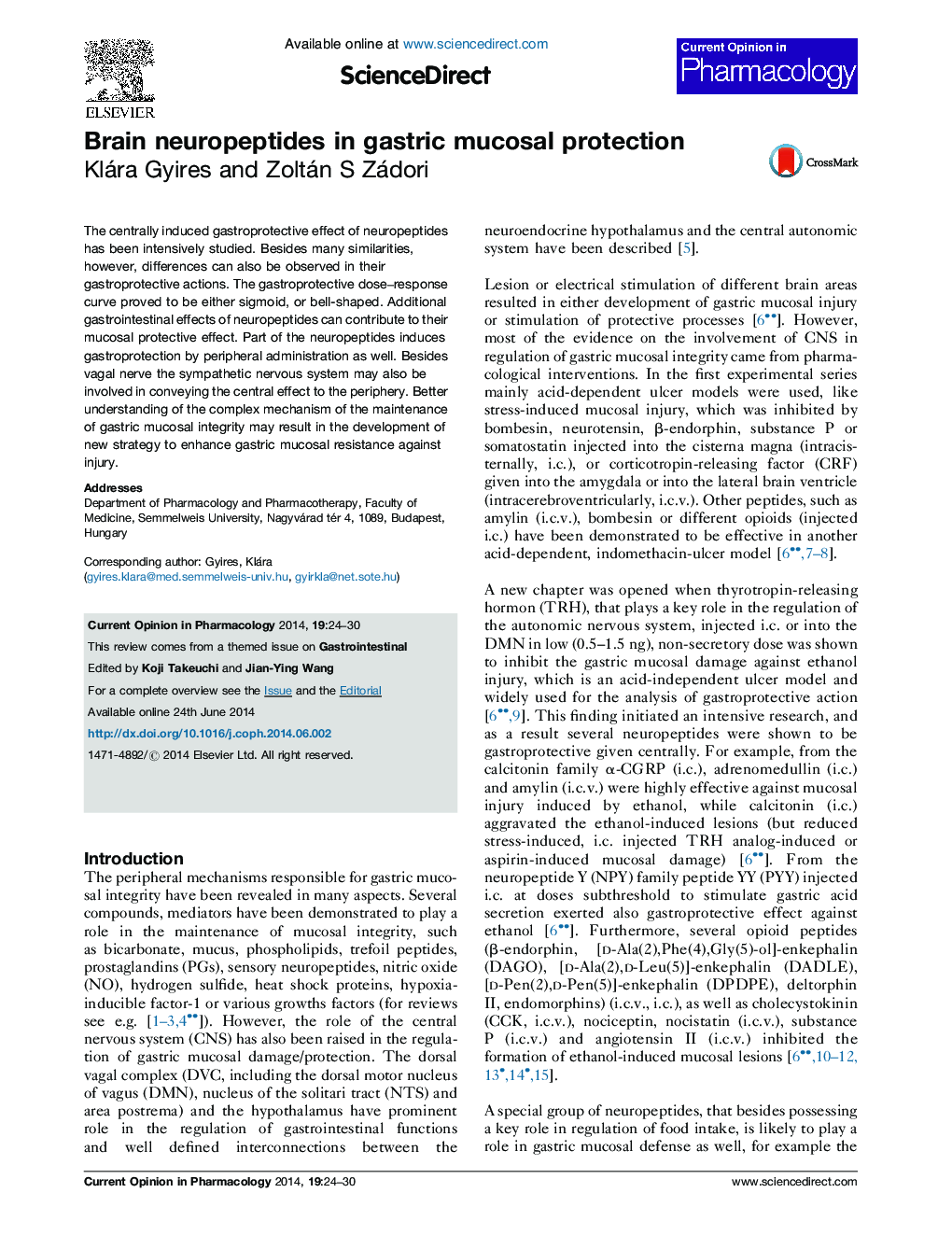 Brain neuropeptides in gastric mucosal protection