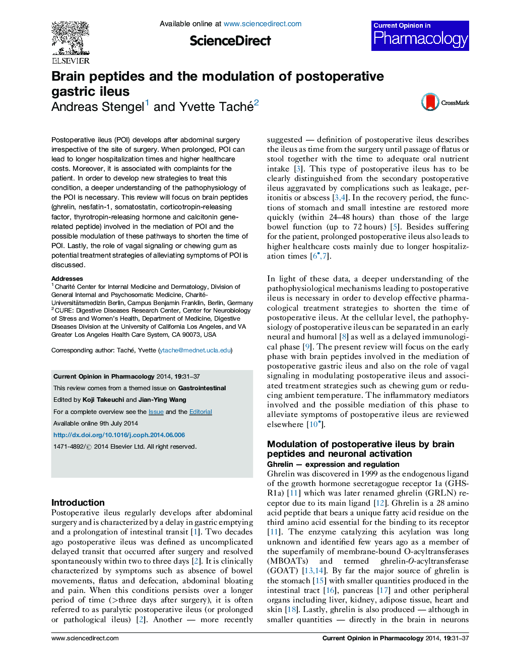 Brain peptides and the modulation of postoperative gastric ileus