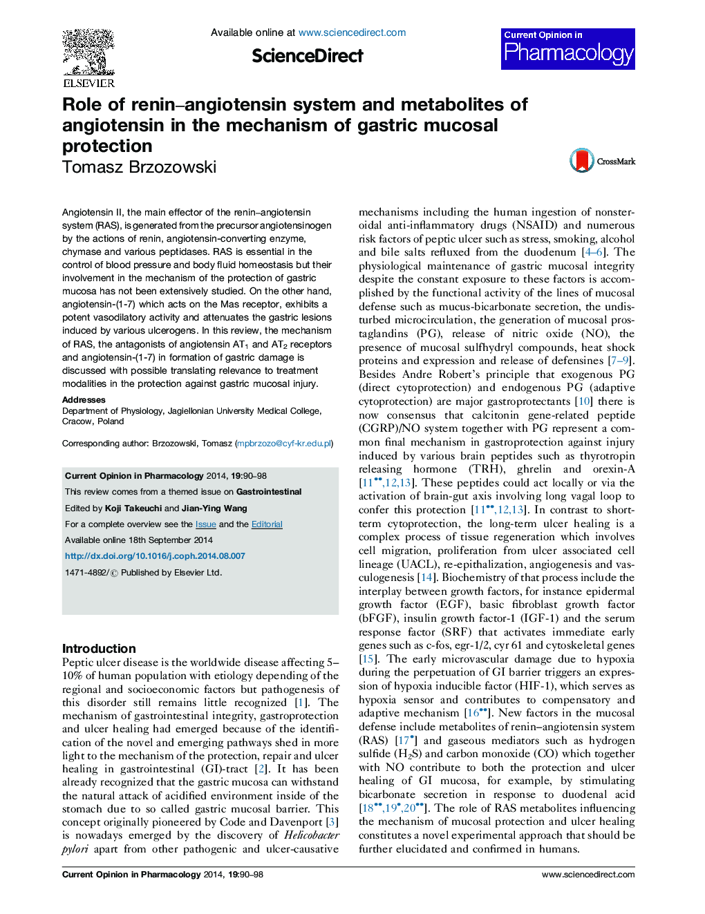 Role of renin–angiotensin system and metabolites of angiotensin in the mechanism of gastric mucosal protection