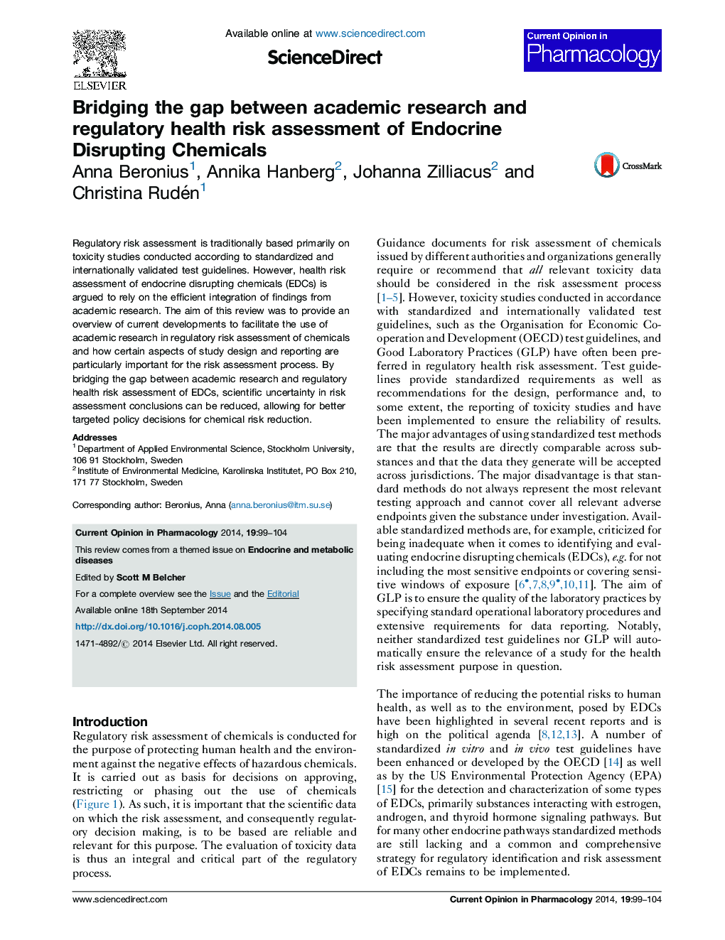 Bridging the gap between academic research and regulatory health risk assessment of Endocrine Disrupting Chemicals