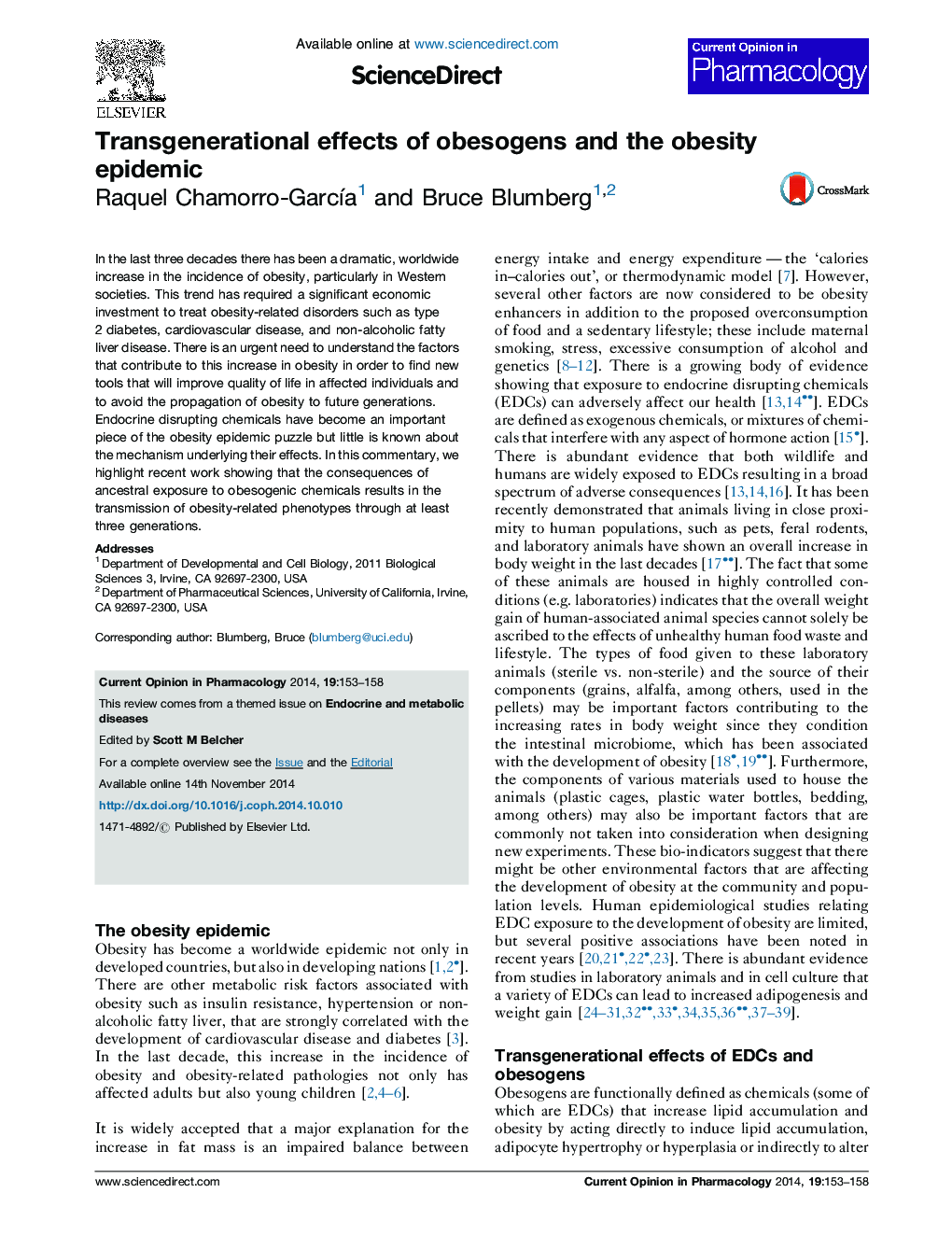 Transgenerational effects of obesogens and the obesity epidemic