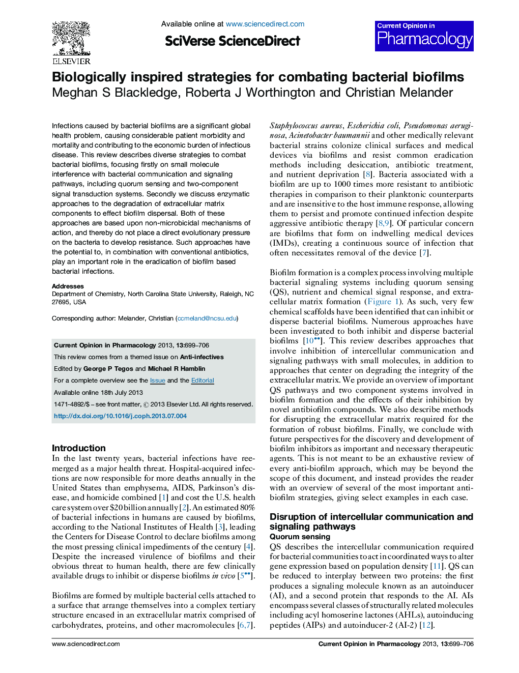 عکس صفحه اول مقاله: Biologically inspired strategies for combating bacterial biofilms Biologically inspired strategies for combating bacterial biofilms
