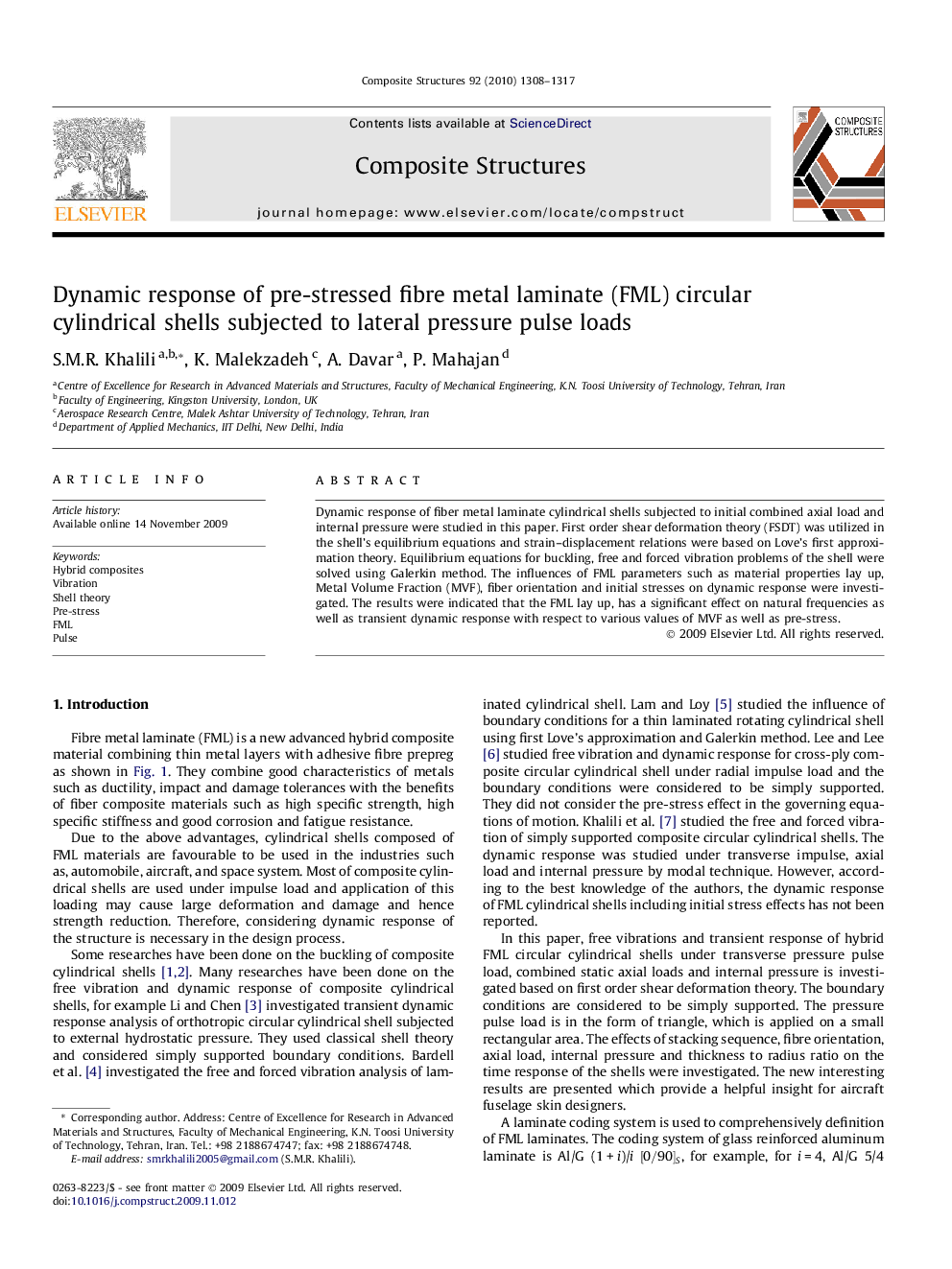 Dynamic response of pre-stressed fibre metal laminate (FML) circular cylindrical shells subjected to lateral pressure pulse loads