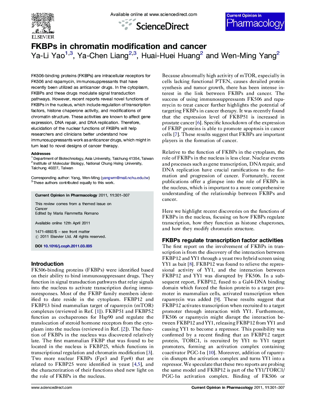 عکس صفحه اول مقاله: FKBPs in chromatin modification and cancer FKBPs in chromatin modification and cancer