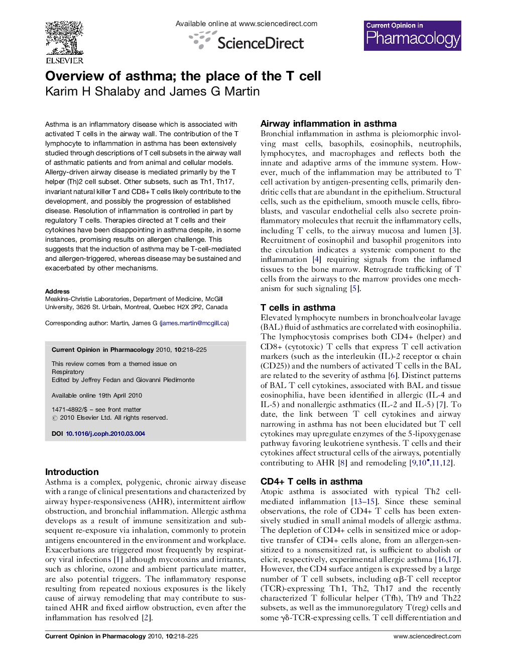 Overview of asthma; the place of the T cell