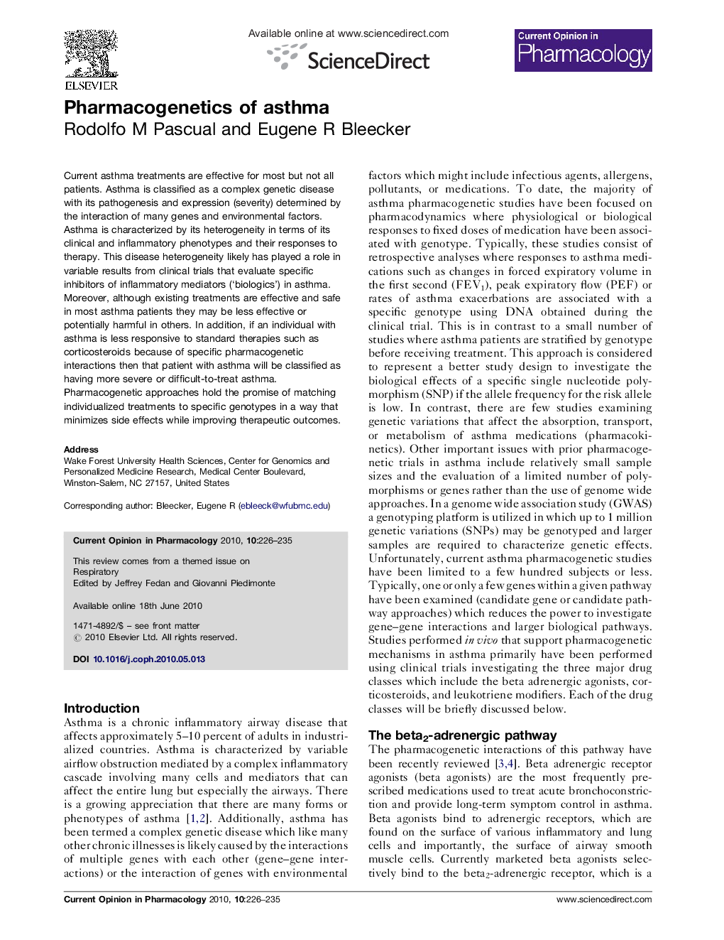 Pharmacogenetics of asthma