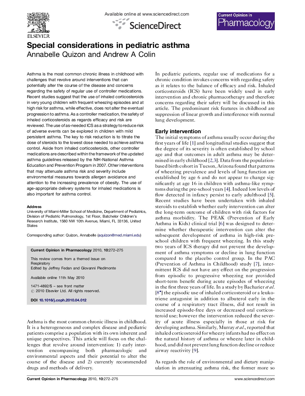 Special considerations in pediatric asthma