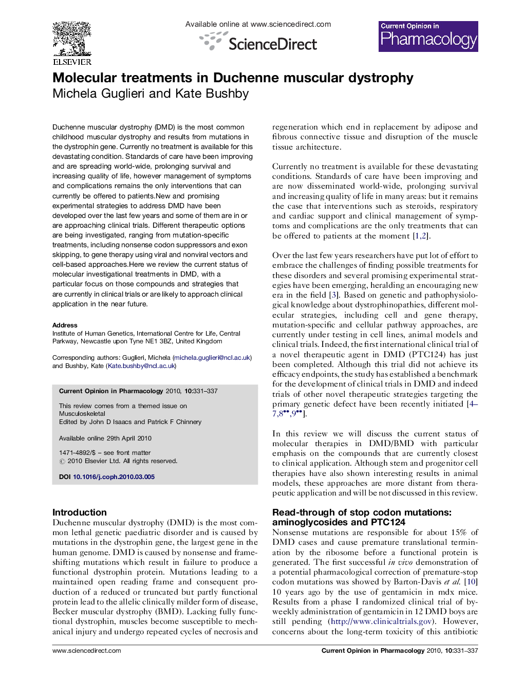 Molecular treatments in Duchenne muscular dystrophy