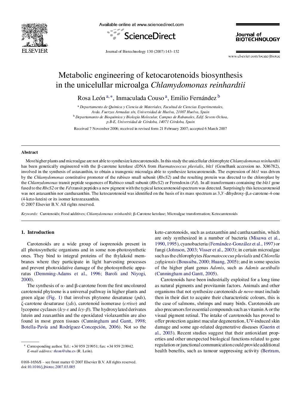 Metabolic engineering of ketocarotenoids biosynthesis in the unicelullar microalga Chlamydomonas reinhardtii