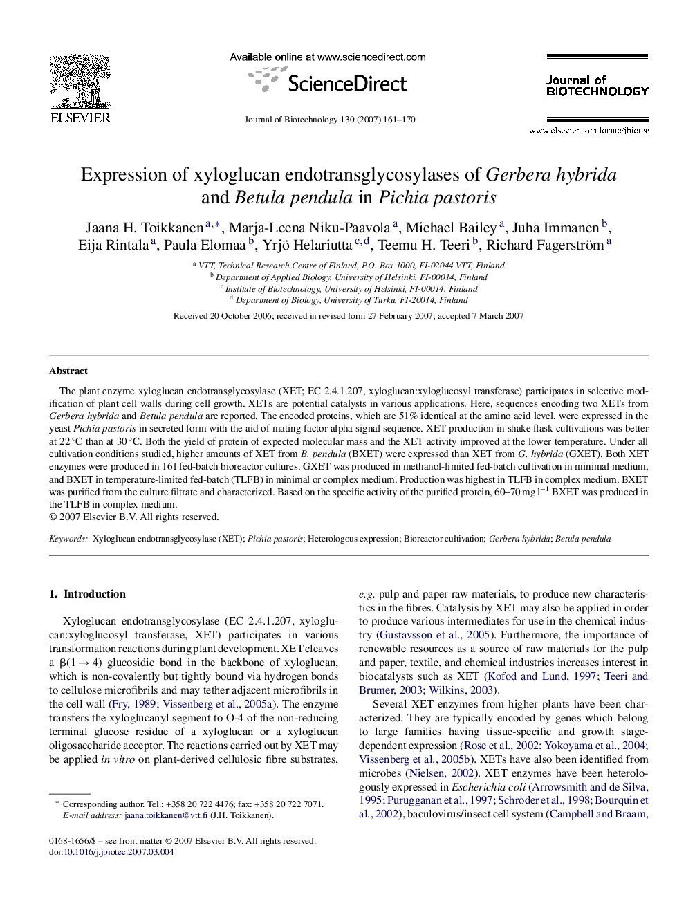Expression of xyloglucan endotransglycosylases of Gerbera hybrida and Betula pendula in Pichia pastoris