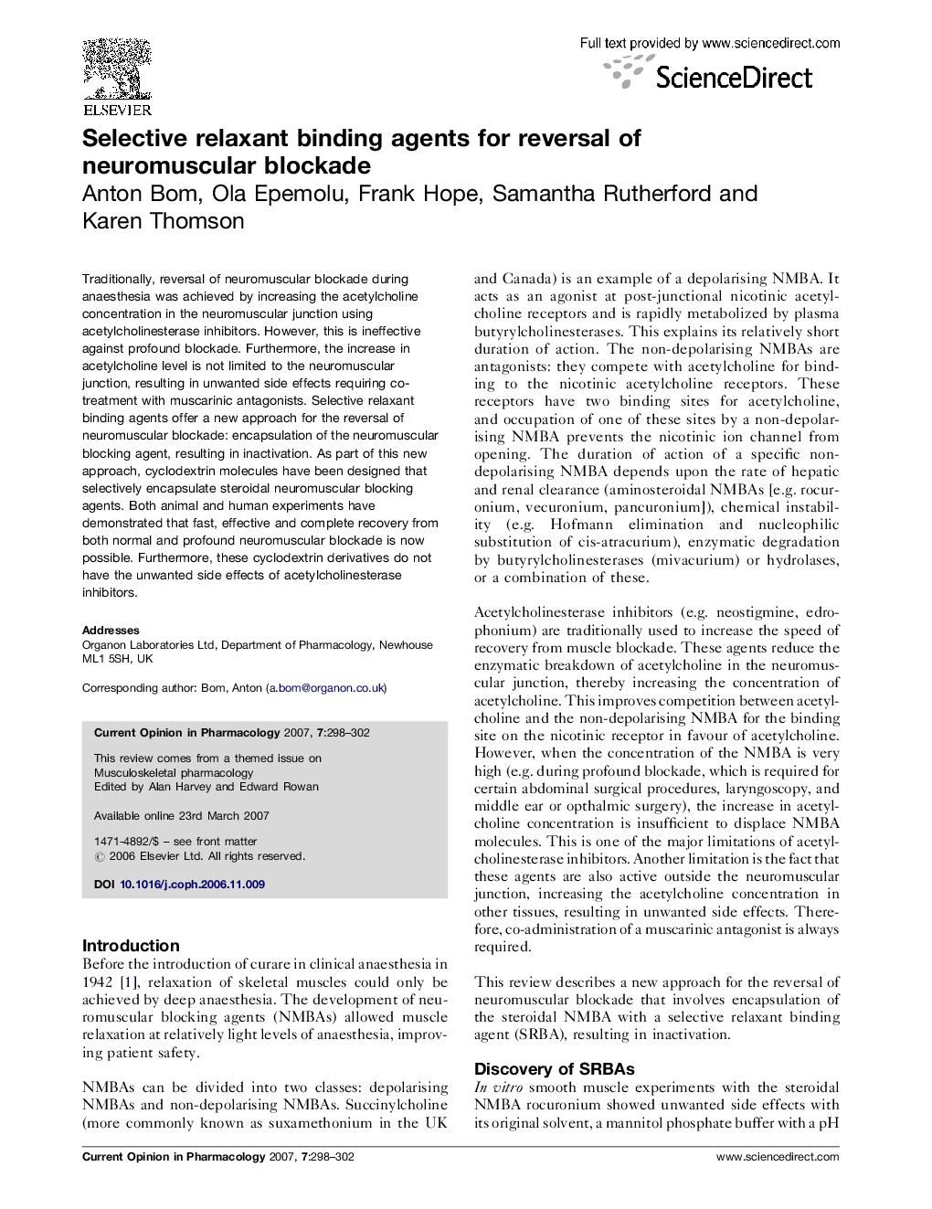 عکس صفحه اول مقاله: Selective relaxant binding agents for reversal of neuromuscular blockade Selective relaxant binding agents for reversal of neuromuscular blockade