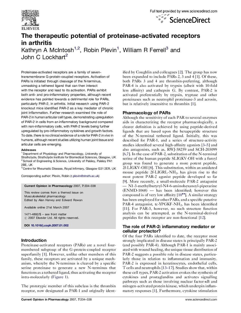 عکس صفحه اول مقاله: The therapeutic potential of proteinase-activated receptors in arthritis The therapeutic potential of proteinase-activated receptors in arthritis
